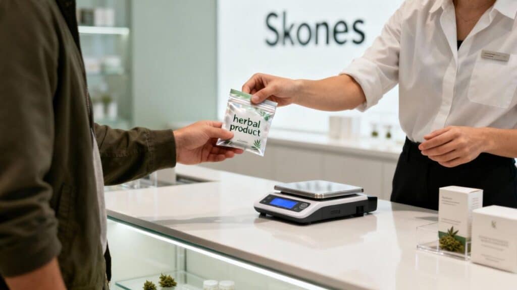 A customer receives a small pouch labeled 'herbal product' from an employee at a store counter.