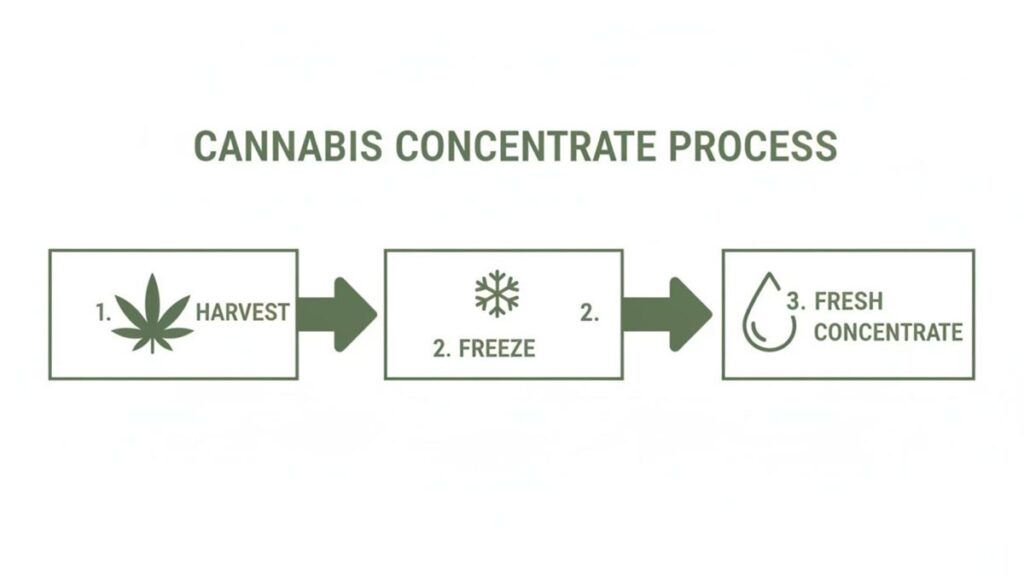 A simple flowchart illustrates the cannabis concentrate process, showing harvest, freezing, and fresh concentrate.