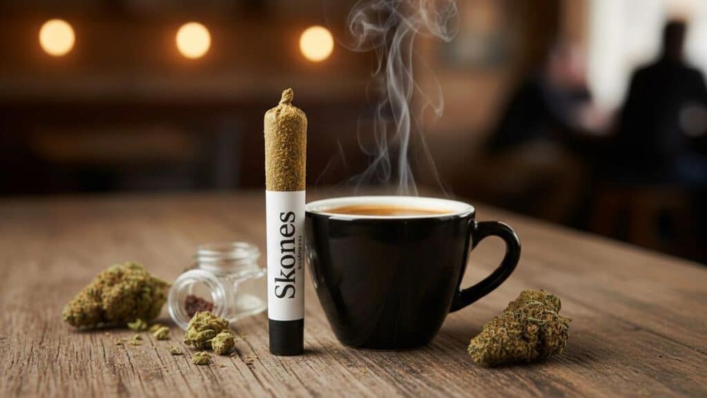 An infused pre-roll with a 'Skones' label stands next to a steaming cup of espresso on a wooden table.