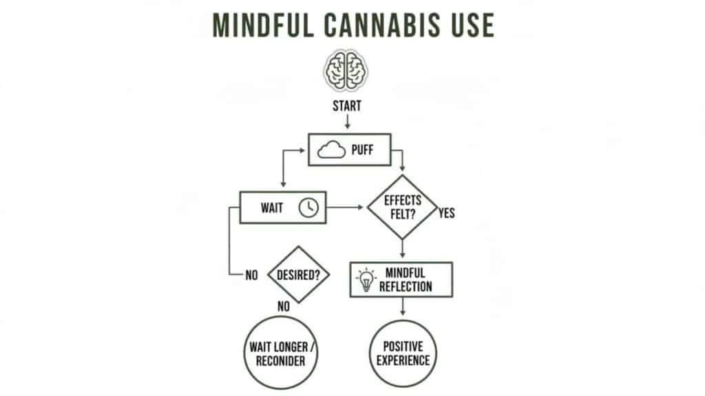 A green and white flowchart titled 'Mindful Cannabis Use', outlining steps from puffing to reflection or reconsideration.