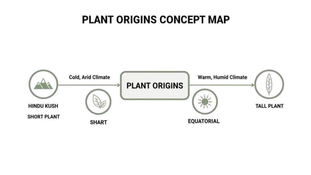 Concept map illustrating plant origins, contrasting Hindu Kush (short, cold/arid) and Equatorial (tall, warm/humid) climates.