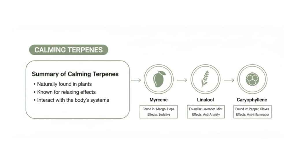 Infographic detailing calming terpenes Myrcene, Linalool, and Caryophyllene