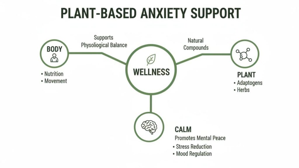 A diagram illustrating plant-based anxiety support through wellness, body, plant, and calm.