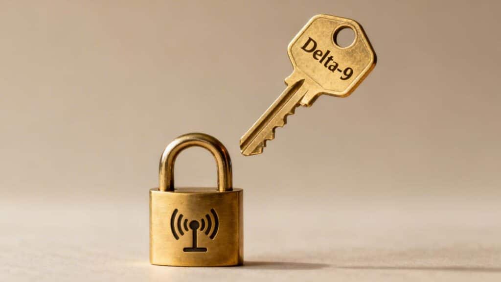 A golden 'Delta-9' key floats above a golden padlock with a Wi-Fi signal icon.