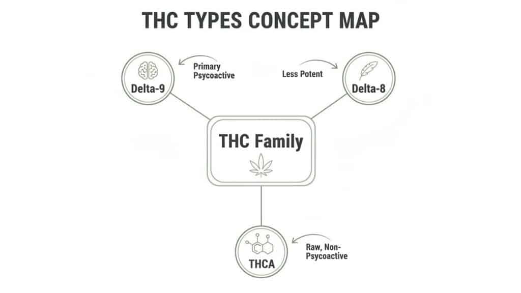 A concept map illustrating the THC family, including Delta-9 (primary psychoactive), Delta-8 (less potent), and THCA (raw, non-psychoactive).
