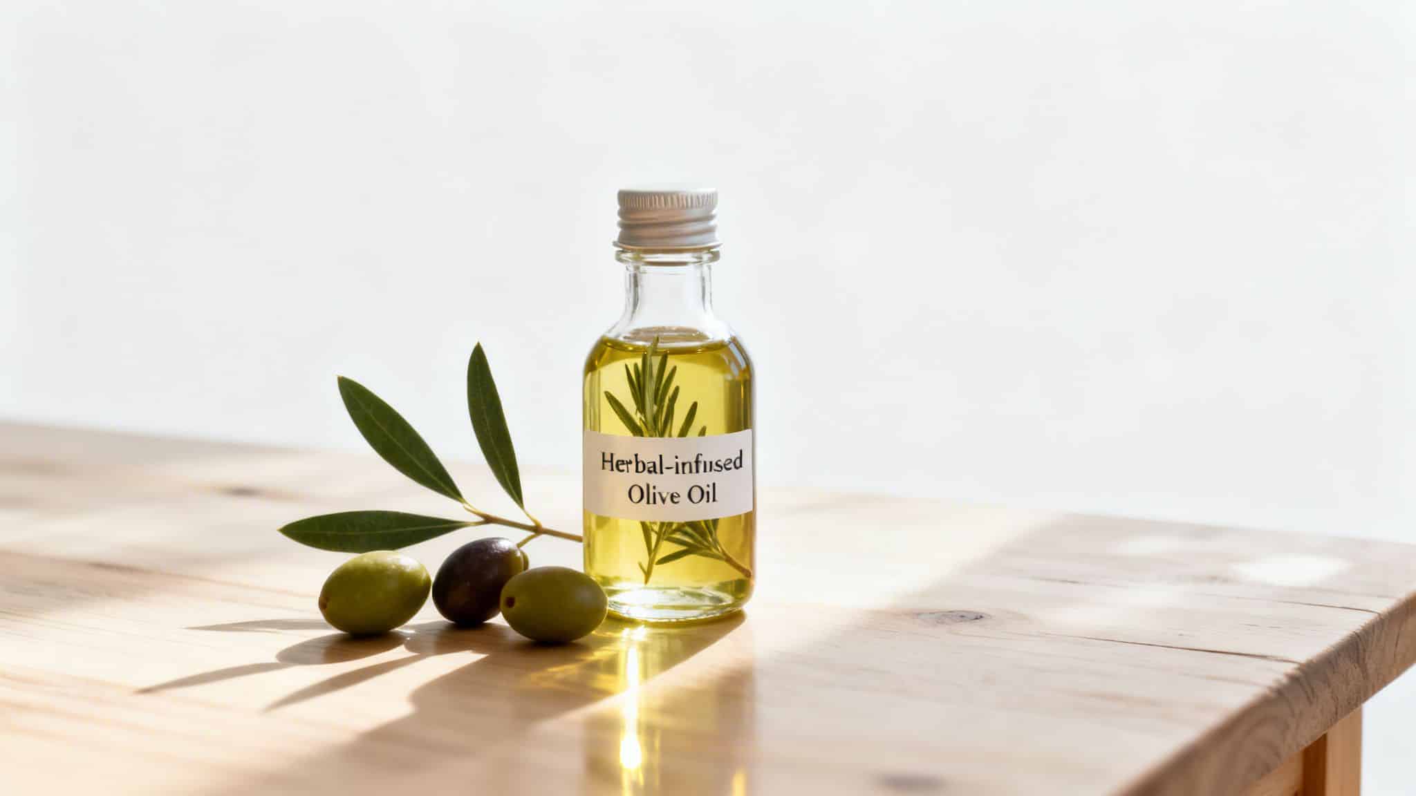 A small bottle of herbal-infused olive oil with rosemary, next to fresh olives and an olive branch on a wooden table.