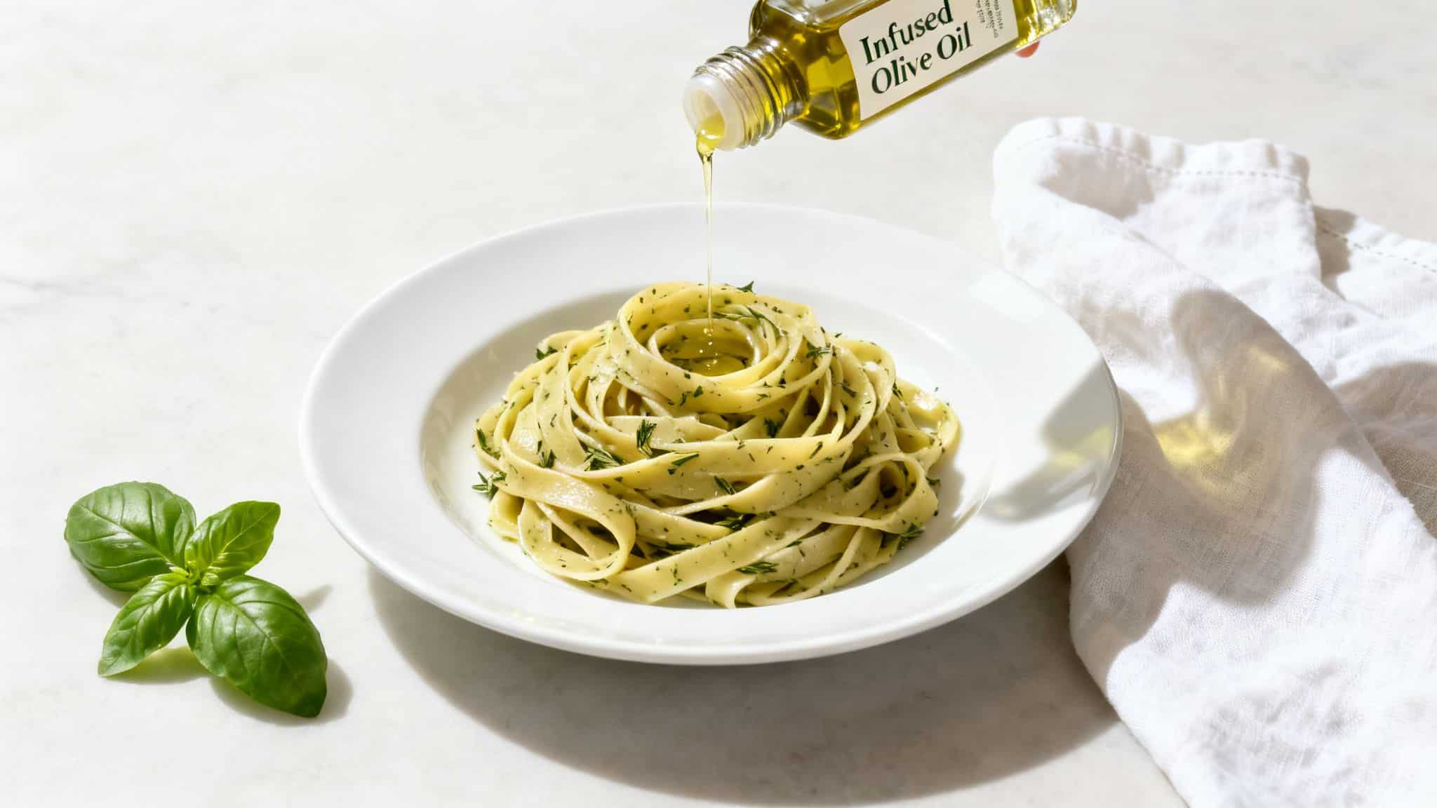 Infused olive oil being poured over a plate of pasta with herbs and fresh basil.
