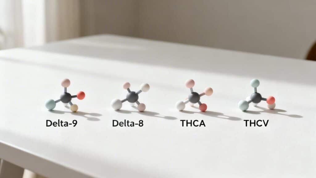 Four distinct molecular models representing Delta-9, Delta-8, THCA, and THCV are displayed on a white surface.