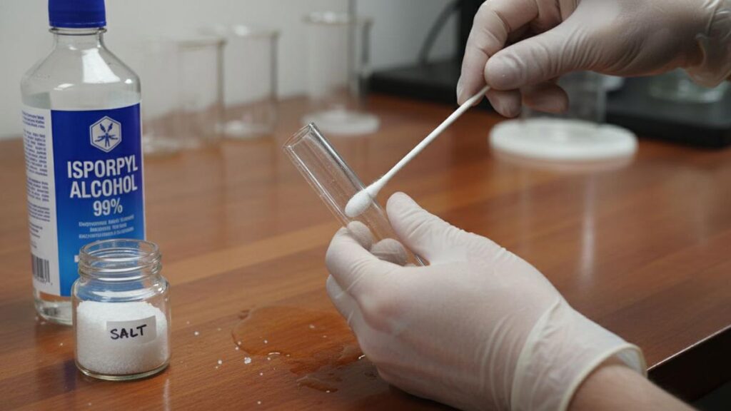Close-up of hands cleaning a glass tube with a cotton swab, isopropyl alcohol, and salt nearby.