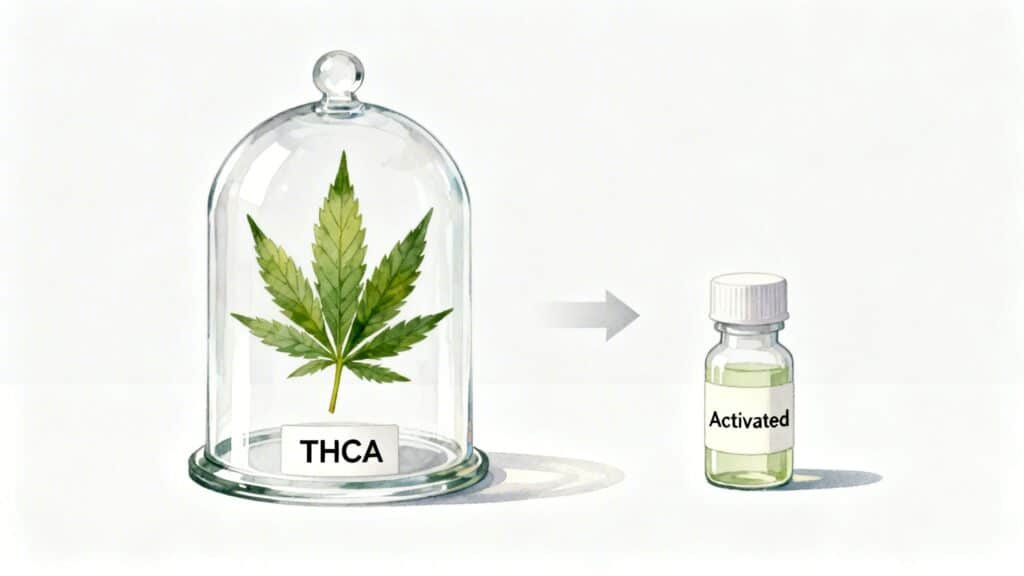 A cannabis leaf labeled 'THCA' under a glass cloche transforms into an 'Activated' liquid in a bottle.