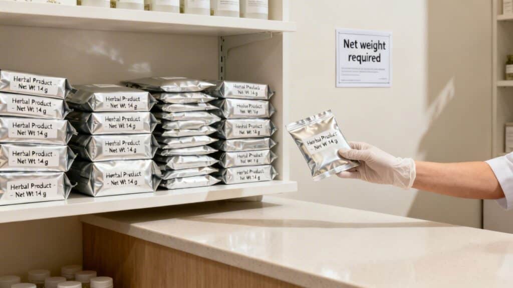 A gloved hand holds a silver herbal product packet, with more stacked on shelves. A "Net weight required" sign is on the wall.
