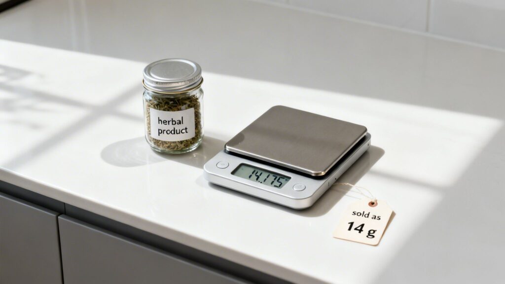 A jar of herbal product on a digital scale displaying 14.175g, with a tag indicating 'sold as 14g'.