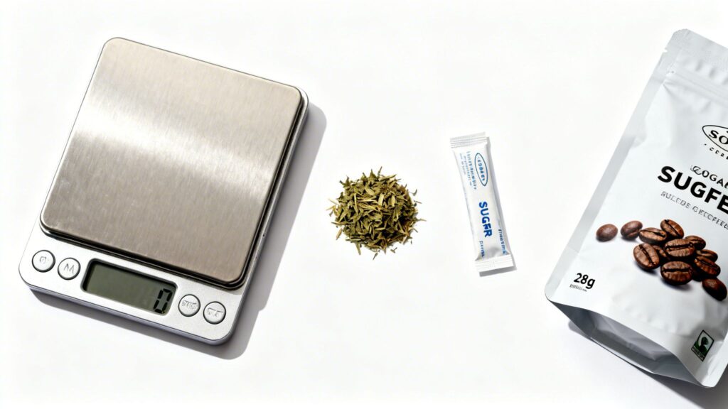 Digital kitchen scale displaying '0', dried green leaves, a sugar packet, and coffee beans on a white background.