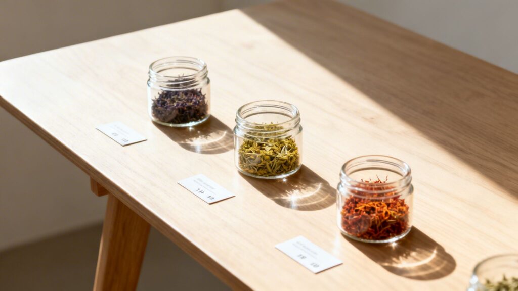 Three glass jars filled with colorful dried herbs on a light wooden table, bathed in sunlight.